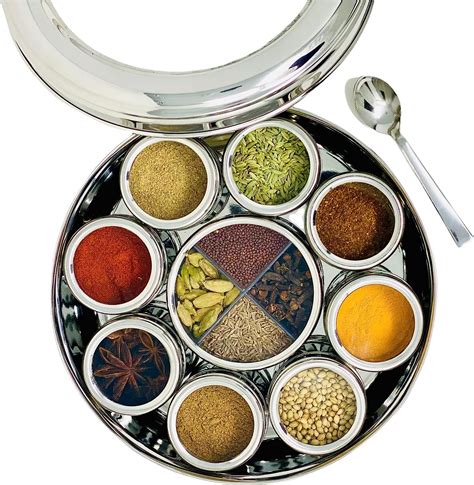 masala dabba spice box with individual canisters with steel lid|indian spice tray with spices.